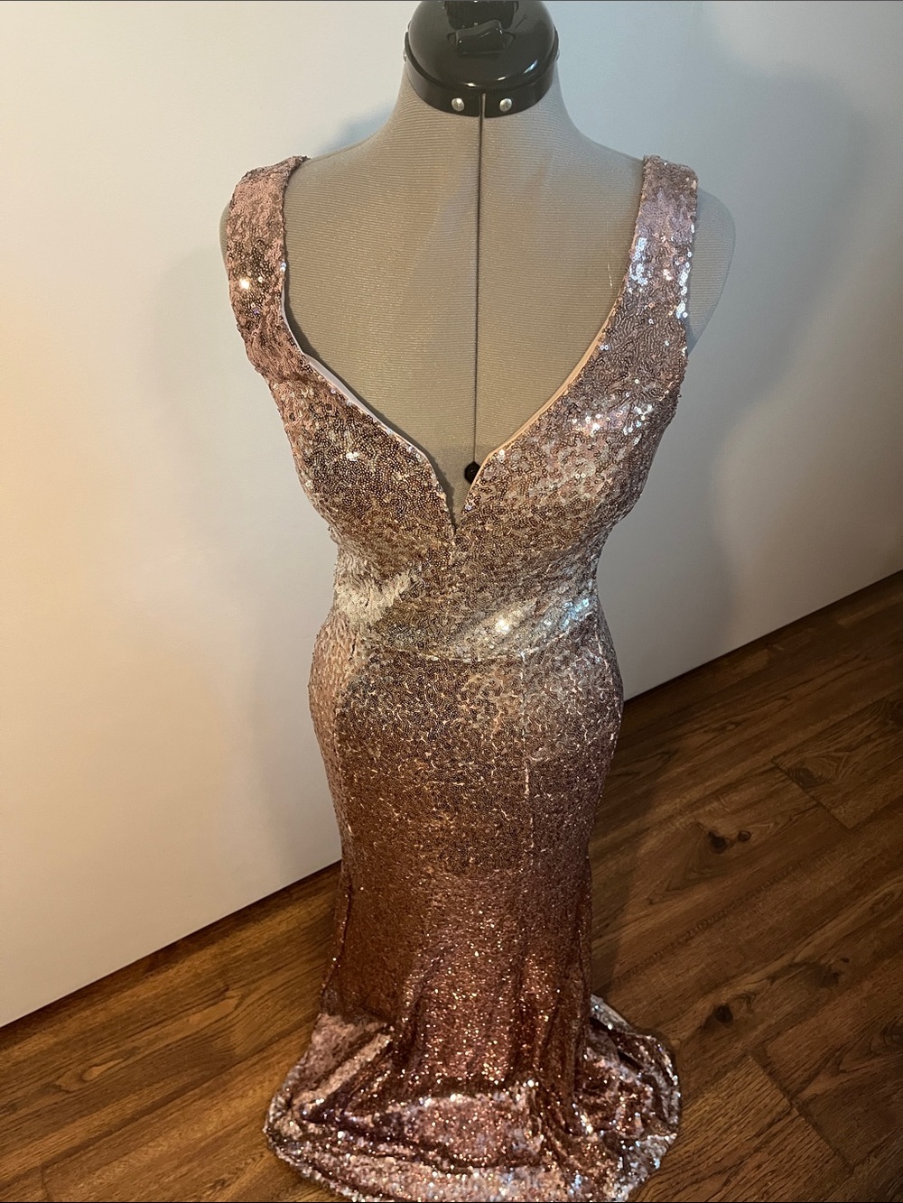 Crystal Doll Rose Gold Sequin V-Neck Prom Gown